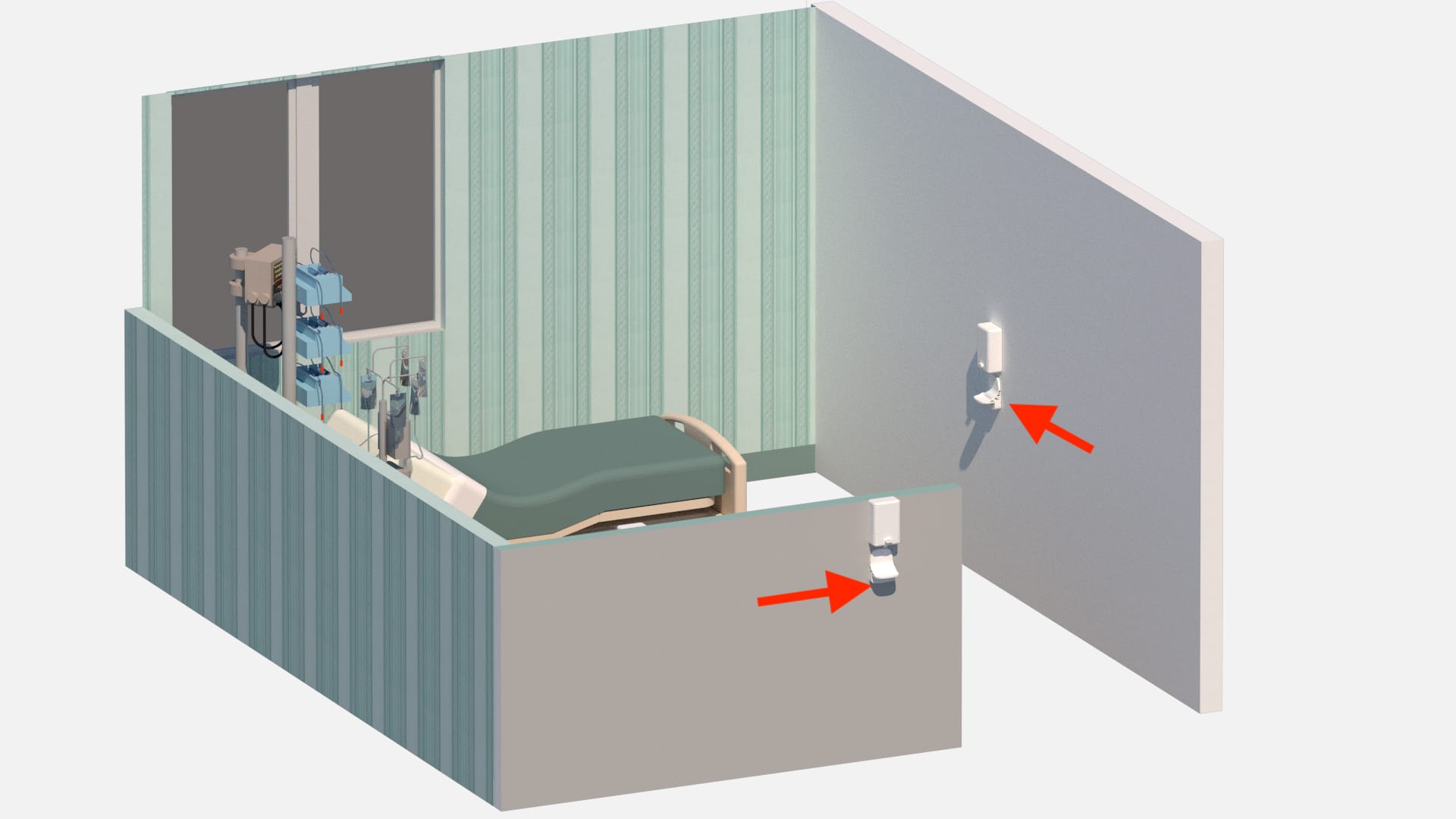 A room in an ICU showing the Sanibit Smart Drip Tray installed under alcohol and soap dispensers outside and inside